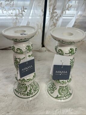 Mikasa set of 2 ceramic candle holder with green floral designs